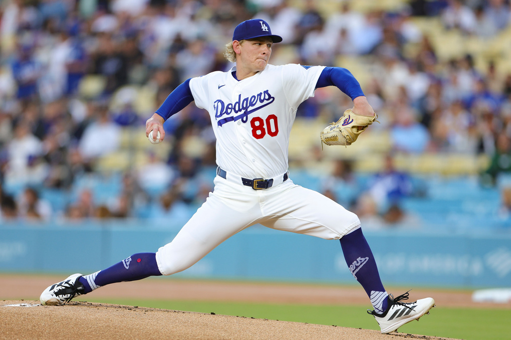 Los Angeles Dodgers starting pitcher Emmet Sheehan throws during the first inning of a baseball game against the San Francisco Giants, Thursday, May 14, 2026, in Los Angeles. (AP Photo/Ryan Sun)
