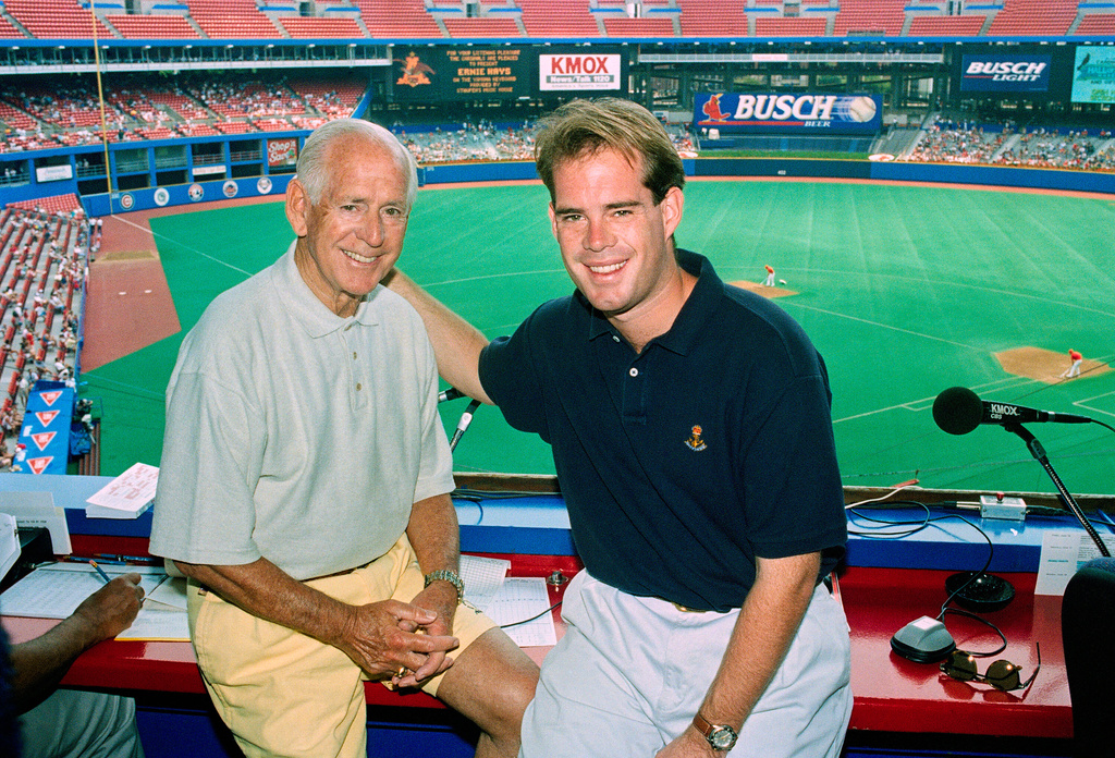 FILE - St. Louis Cardinals Hall of Fame Broadcaster Jack Buck, left, and his son, Joe Buck, celebrate Father's Day as they go into their fifth season of broadcasting the St. Louis Cardinals Baseball in St. Louis, June 18, 1995. (AP Photo/Leon Algee, File)
