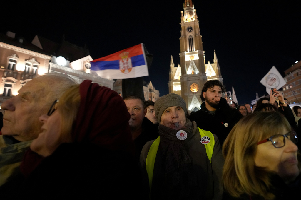 People attend a protest led by university students against corruption, in Novi Sad, Serbia, Saturday, Jan. 17, 2026. (AP Photo/Darko Vojinovic)