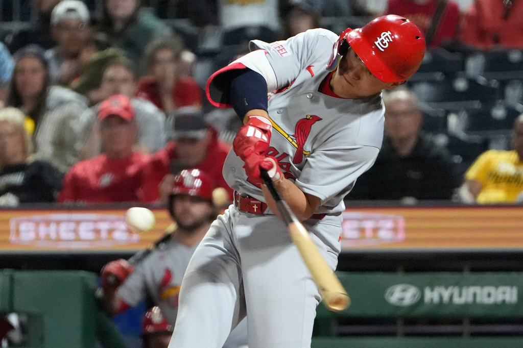 St. Louis Cardinals' JJ Wetherholt connects with a pitch from Pittsburgh Pirates pitcher Dennis Santana for a home run in the ninth inning of a baseball game, in Pittsburgh, Monday, April 27, 2026. (AP Photo/Tom E. Puskar)