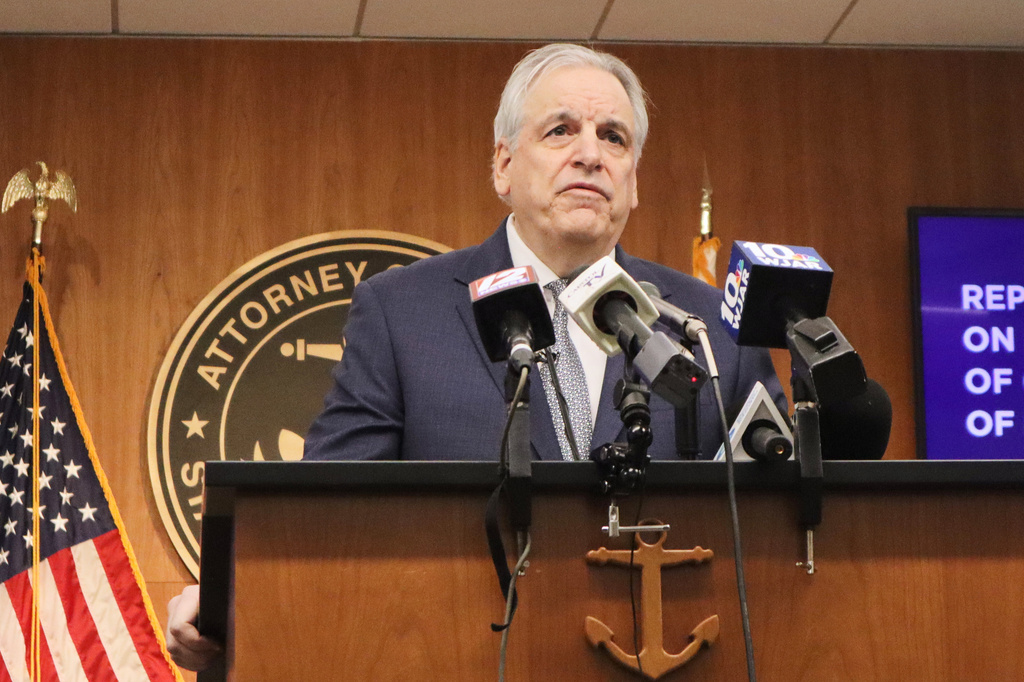 Rhode Island Attorney General Peter Neronha speaks during a press conference at the Rhode Island Attorney General's Office in Providence, R.I., on Wednesday, March 4, 2026. (AP Photo/Leah Willingham)