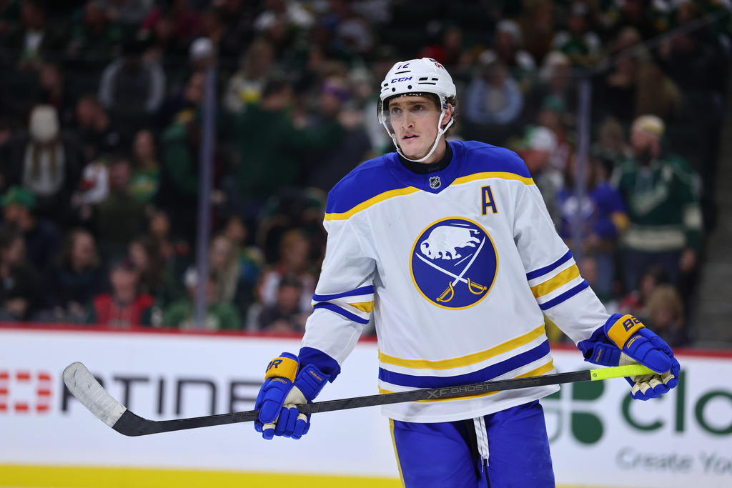 Buffalo Sabres center Tage Thompson (72) skates before the first overtime period against the Minnesota Wild of an NHL hockey game Saturday, Nov. 29, 2025, in St. Paul, Minn. (AP Photo/Adam Bettcher)