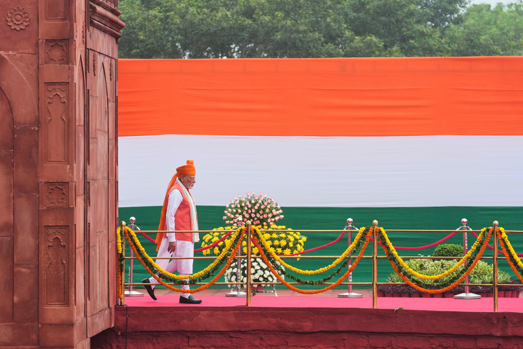 Indian Prime Minister Narendra Modi arrives to address the nation from the rampart of the 17th century Mughal-era Red Fort monument during the country's Independence Day celebrations in New Delhi, India, Friday, Aug. 15, 2025. (AP Photo/Manish Swarup)