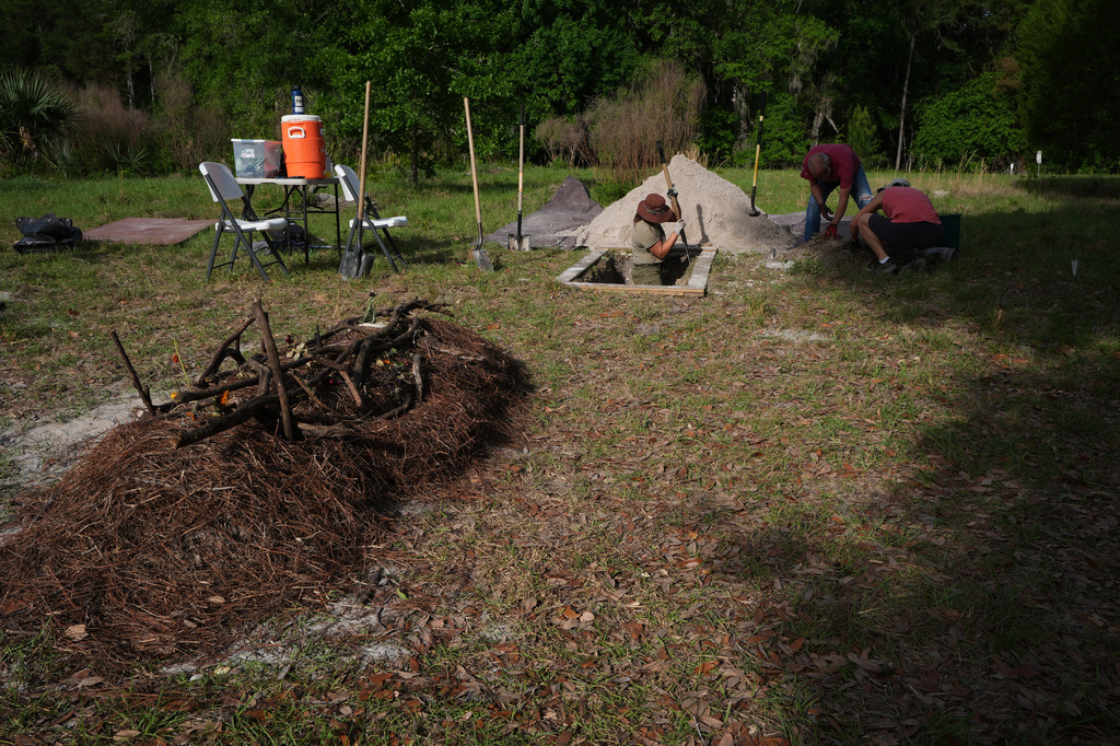 Carly Zeffren, left, with the Prairie Creek Conservation Cemetery, digs a grave with the help of volunteers Monday, April 6, 2026, in Gainesville, Fla. (AP Photo/Marta Lavandier)