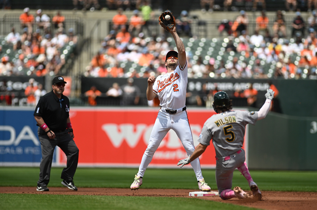 Baltimore Orioles shortstop Gunnar Henderson (2) puts out Athletics' Jacob Wilson (5) at second base on a fielder's choice hit into by Athletics' Lawrence Butler in the second inning of a baseball game, Sunday, May 10, 2026, in Baltimore. (AP Photo/Steve Ruark)
