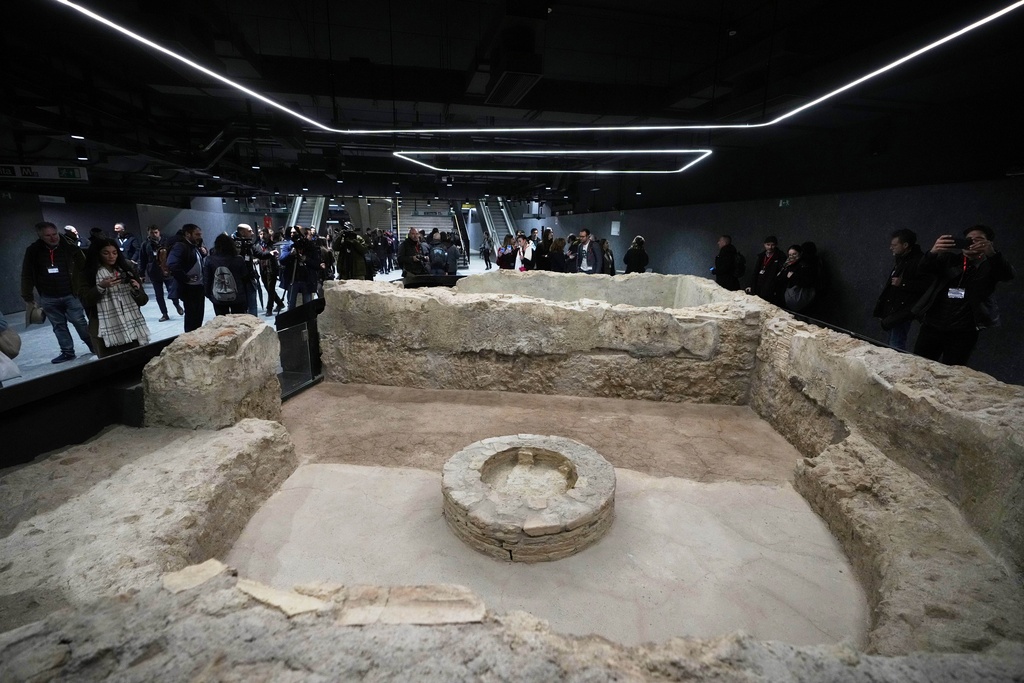 Ancient Roman finds backing to the 2nd century BC are on display in the 'Colosseo' new subway station, designed as a museum to showcase the archaeological finds uncovered during its construction, in Rome, Tuesday, Dec. 16, 2025. (AP Photo/Alessandra Tarantino)