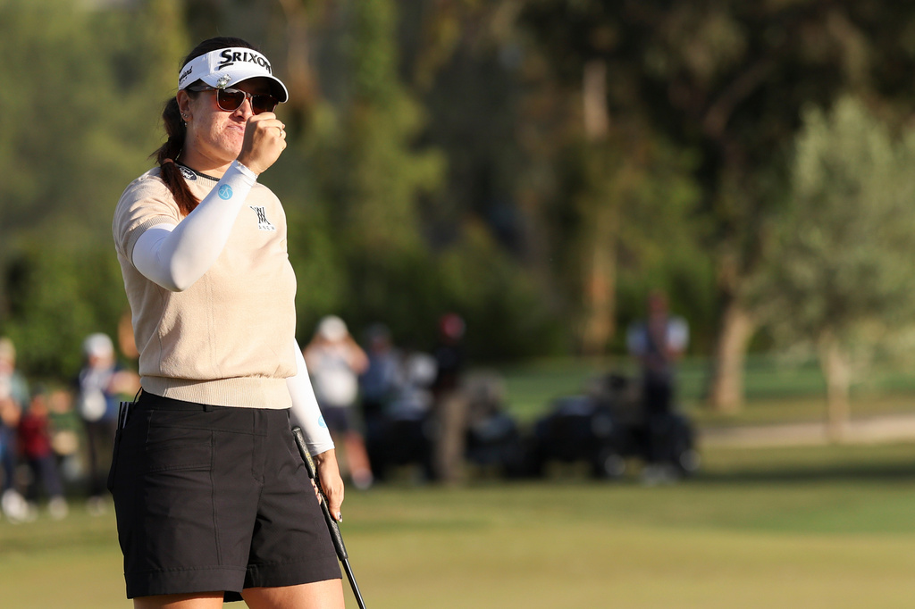 Hannah Green celebrates after winning the LPGA JM Eagle LA Championship golf tournament golf tournament at El Caballero Country Club, Sunday, April 19, 2026, in Los Angeles. (AP Photo/Jessie Alcheh)