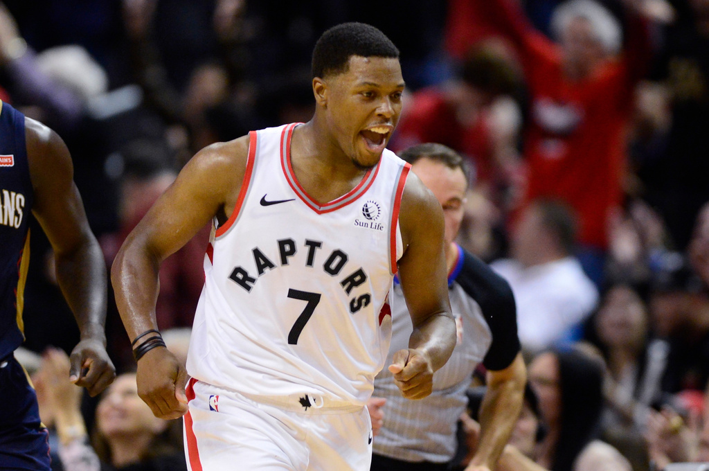FILE - Toronto Raptors guard Kyle Lowry celebrates his 3-point basket against the New Orleans Pelicans during overtime in an NBA basketball game Tuesday, Oct. 22, 2019, in Toronto. (Frank Gunn/The Canadian Press via AP, file)