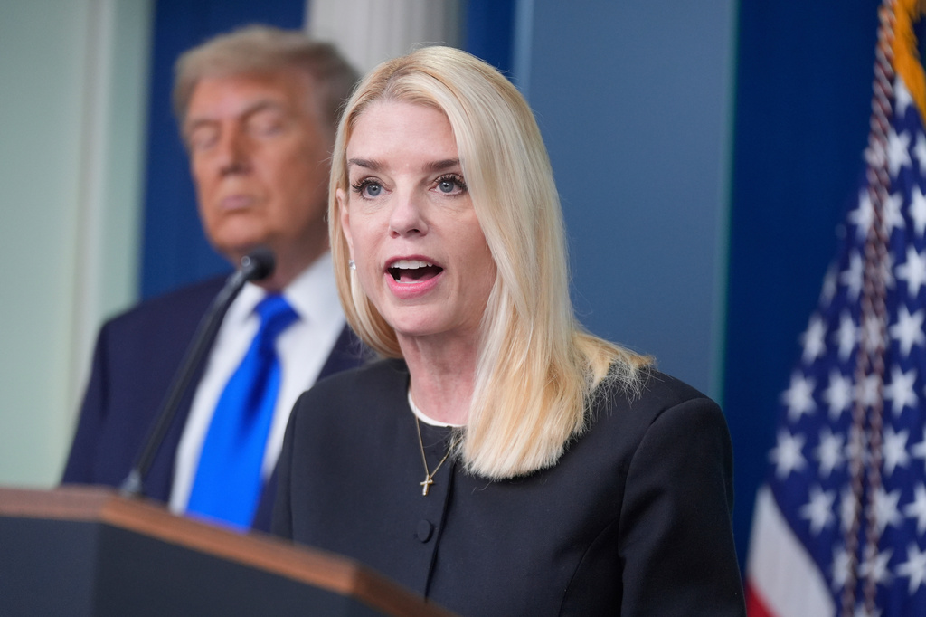 FILE - Attorney General Pam Bondi speaks to the media, June 27, 2025, in the briefing room of the White House in Washington, as President Trump looks on. (AP Photo/Manuel Ceneta, File)