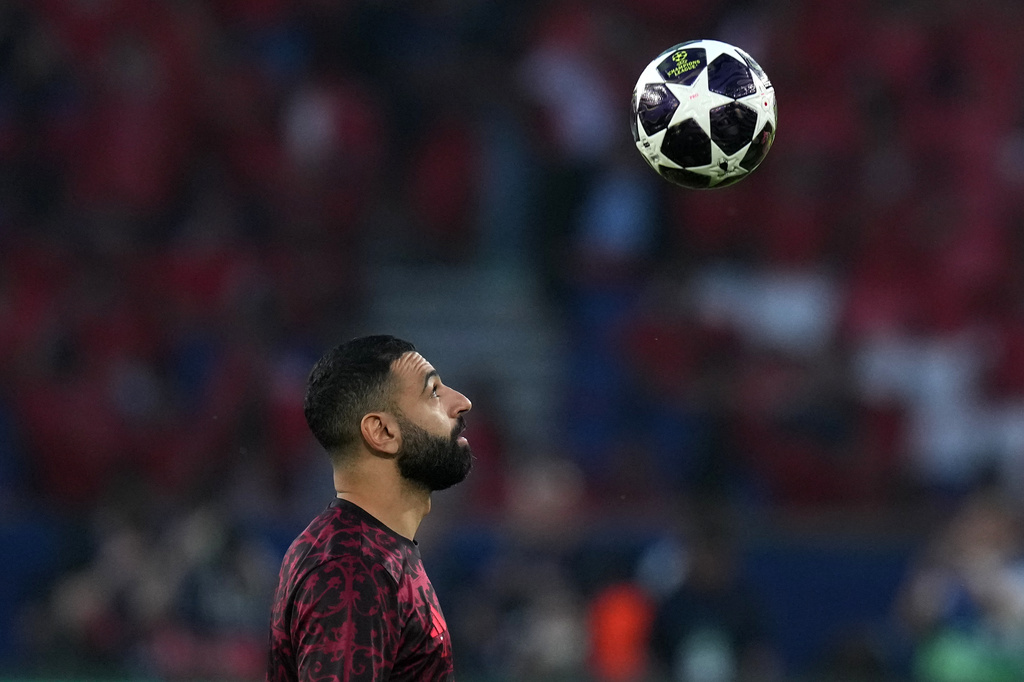 Liverpool's Mohamed Salah controls the ball during warm up before the Champions League quarterfinal first leg soccer match between Paris Saint-Germain and Liverpool in Paris, Wednesday, April 8, 2026. (AP Photo/Thibault Camus)