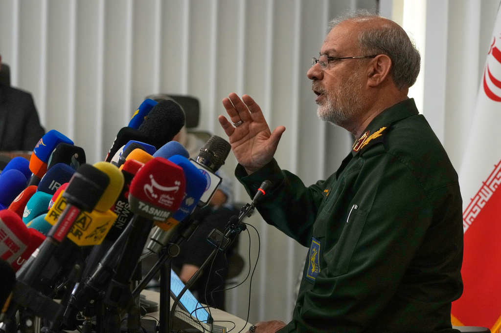 Iran's Revolutionary Guard spokesman Gen. Hossein Mohebbi speaks during a news conference in Tehran, Iran, Tuesday, Sept. 29, 2026. (AP Photo/Vahid Salemi)
