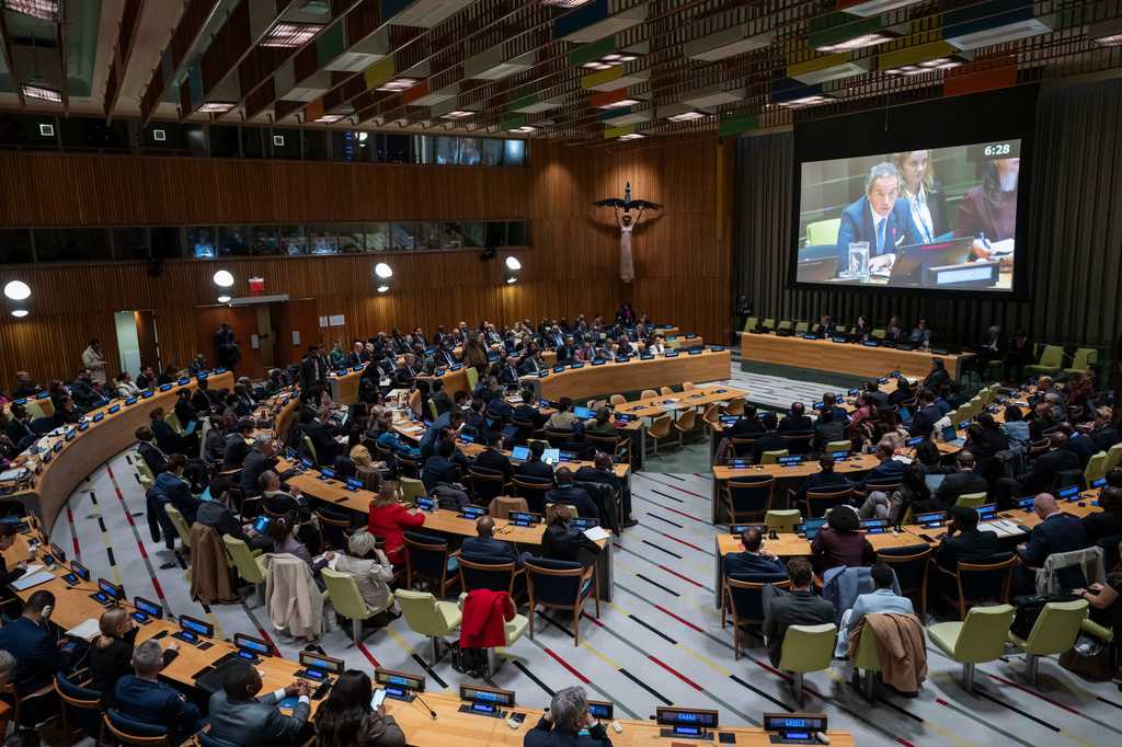 Rafael Grossi, International Atomic Energy Agency (IAEA) Director General and a candidate for United Nations Secretary-General, speaks during an informal dialogue at U.N. headquarters, Tuesday, April 21, 2026. (AP Photo/Yuki Iwamura)