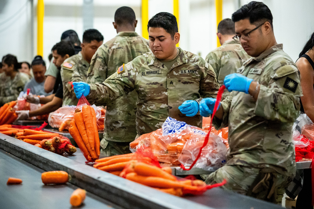 California National Guard sort produce at the Los Angeles Food Bank Wednesday, Oct. 29, 2025, in Los Angeles. (AP Photo/Ethan Swope)