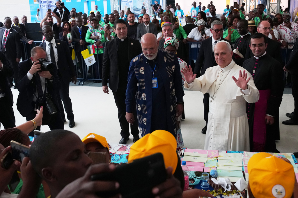 Pope Leo XIV, meets with the staff and patients of the "Jean Pierre Olie" Psychiatric Hospital in Malabo, Equatorial Guinea, Tuesday, April 21, 2026. (AP Photo/Misper Apawu)