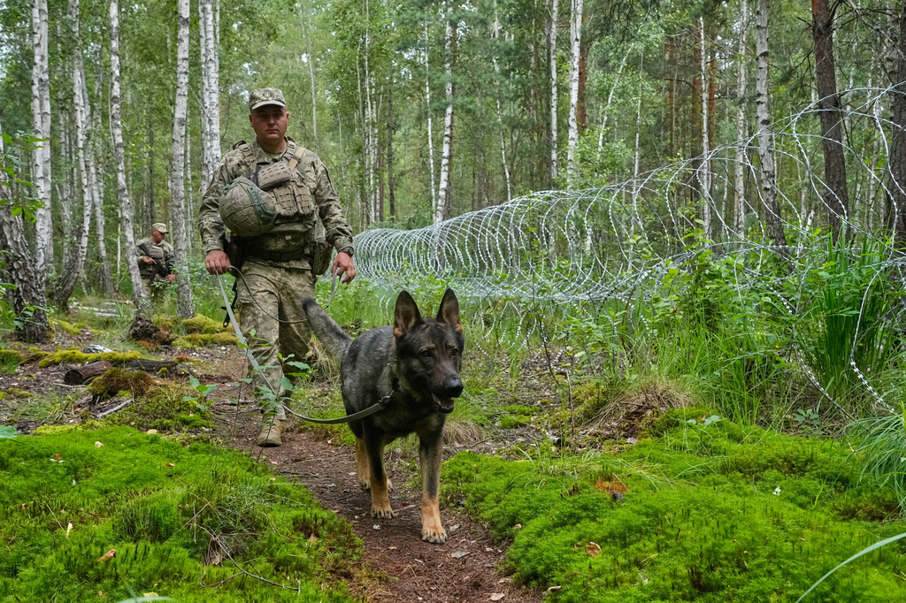 Ukrainian border guards patrol Ukraine-Belarus border in an undisclosed location in Ukraine Tuesday, July 7, 2026. (AP Photo/Efrem Lukatsky)