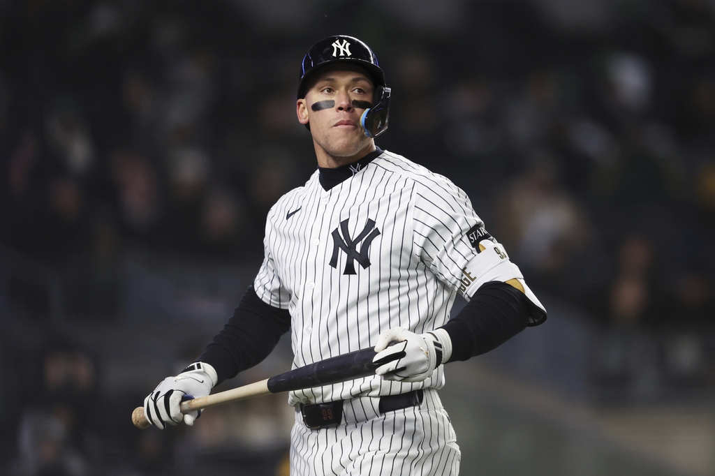 New York Yankees' Aaron Judge strikes out during the fifth inning of a baseball game against the Athletics, Wednesday, April 8, 2026, in New York. (AP Photo/Heather Khalifa)