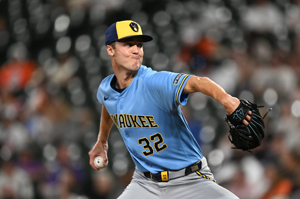 Milwaukee Brewers pitcher Jacob Misiorowski (32) delivers a pitch against the Baltimore Orioles in the first inning of a baseball game, Sunday, Sept. 20, 2026, in Baltimore. (AP Photo/Gail Burton)
