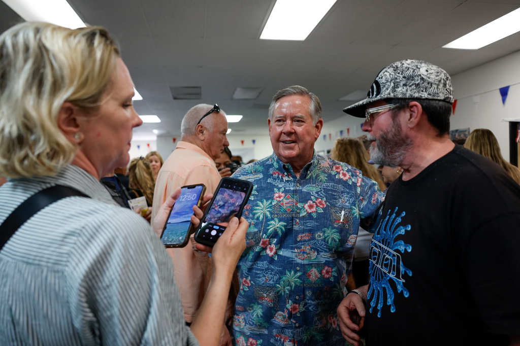 Rep. Ken Calvert, R-Calif., speaks with constituents at a "Barbeque, Beer and Ballots" event organized by Reform California on Saturday, May 9, 2026, in Corona, Calif. (AP Photo/Caroline Brehman)