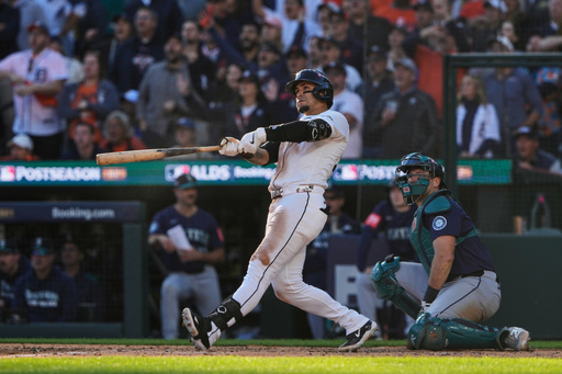 Detroit Tigers' Javier Báez watches his two-run home run during the sixth inning in Game 4 of baseball's American League Division Series against the Seattle Mariners Wednesday, Oct. 8, 2025, in Detroit. (AP Photo/Ryan Sun) Detroit Tigers' Javier Báez watches his two-run home run during the sixth inning in Game 4 of baseball's American League Division Series against the Seattle Mariners Wednesday, Oct. 8, 2025, in Detroit. (AP Photo/Ryan Sun)