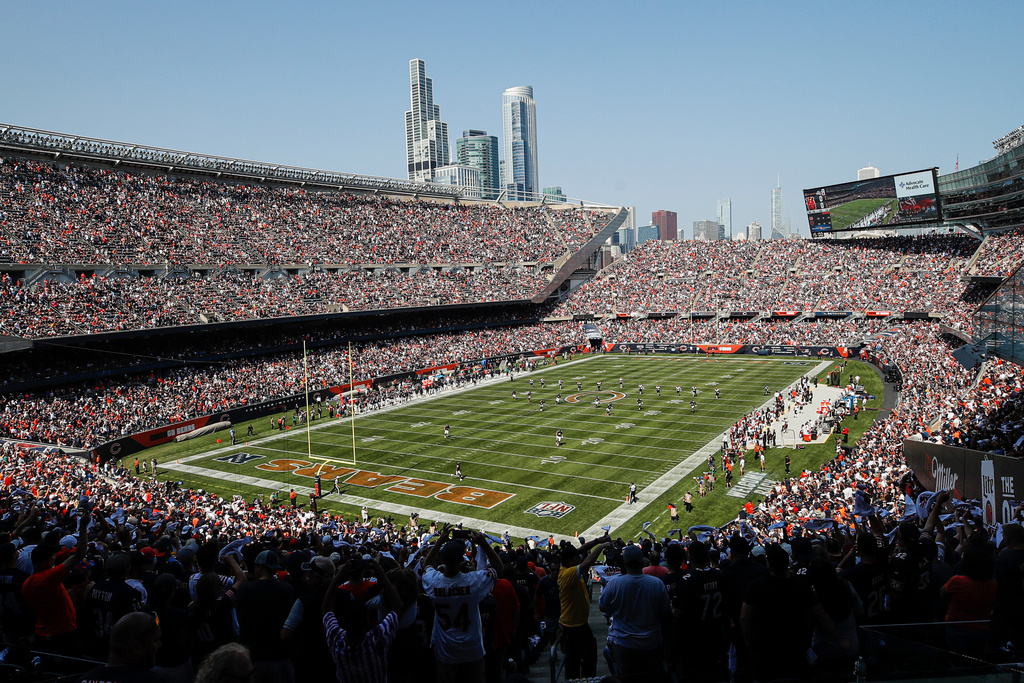 FILE - Cincinnati Bengals kick off to the Chicago Bears to start the first half of an NFL football game, Sunday, Sept. 19, 2021, in Chicago. (AP Photo/Kamil Krzaczynski, File)