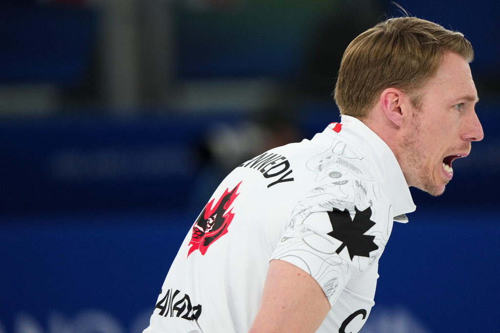 Canada's Marc Kennedy reacts during a men's curling gold medal match between Britain and Canada, at the 2026 Winter Olympics, in Cortina d'Ampezzo, Italy, Saturday, Feb. 21, 2026. (AP Photo/Misper Apawu)