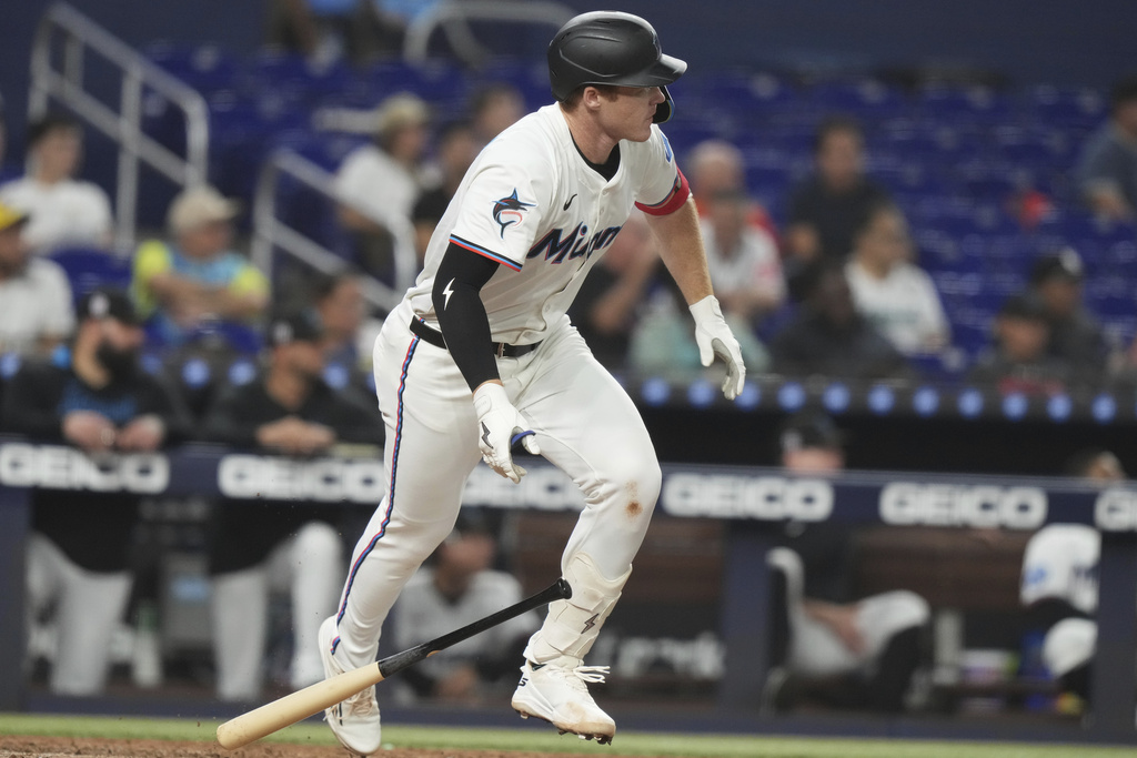 Miami Marlins' Eric Wagaman runs after hitting a single during the sixth inning of a baseball game against the Washington Nationals, Thursday, Sept. 11, 2025, in Miami. (AP Photo/Lynne Sladky)