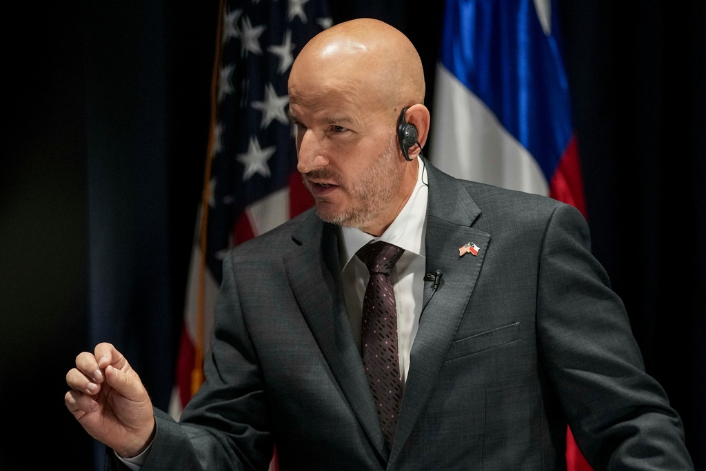 Brandon Judd, U.S. ambassador to Chile, gives a press conference at a U.S embassy in Santiago, Chile, Monday, Feb. 23, 2026. (AP Photo/Esteban Felix)