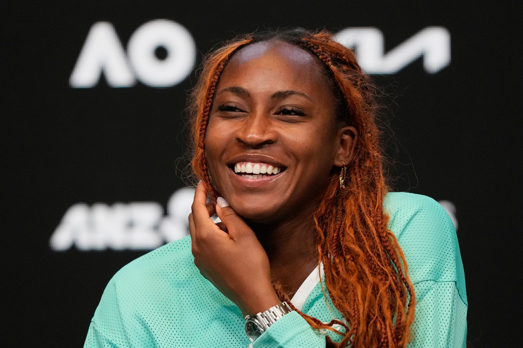 Coco Gauff of the United States reacts during press conference ahead of the Australian Open tennis championship in Melbourne, Australia, Friday, Jan. 16, 2026. (AP Photo/Aaron Favila)