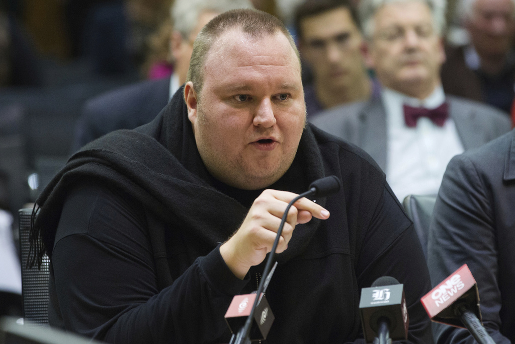FILE - Internet entrepreneur Kim Dotcom speaks during the Intelligence and Security select committee hearing at Parliament in Wellington, New Zealand, on July 3, 2013. (Mark Mitchell/New Zealand Herald via AP, File)