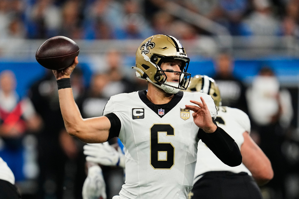 New Orleans Saints quarterback Tyler Shough (6) passes in the first half of an NFL football game against the Detroit Lions, Sunday, Sept. 13, 2026, in Detroit. (AP Photo/Paul Sancya)