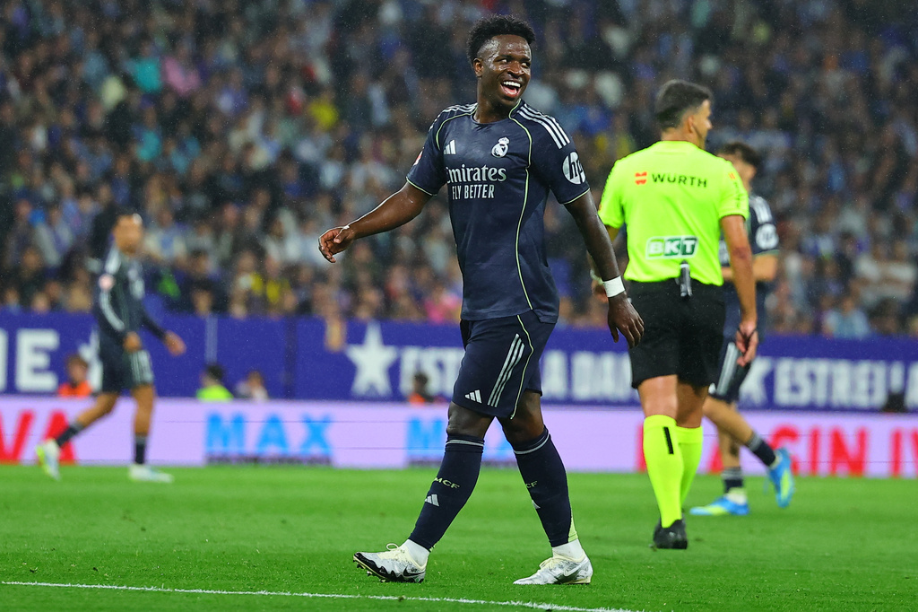Real Madrid's Vinicius Junior reacts during the La Liga soccer match between Espanyol and Real Madrid in Barcelona Spain, Sunday, May 3, 2026. (AP Photo/)