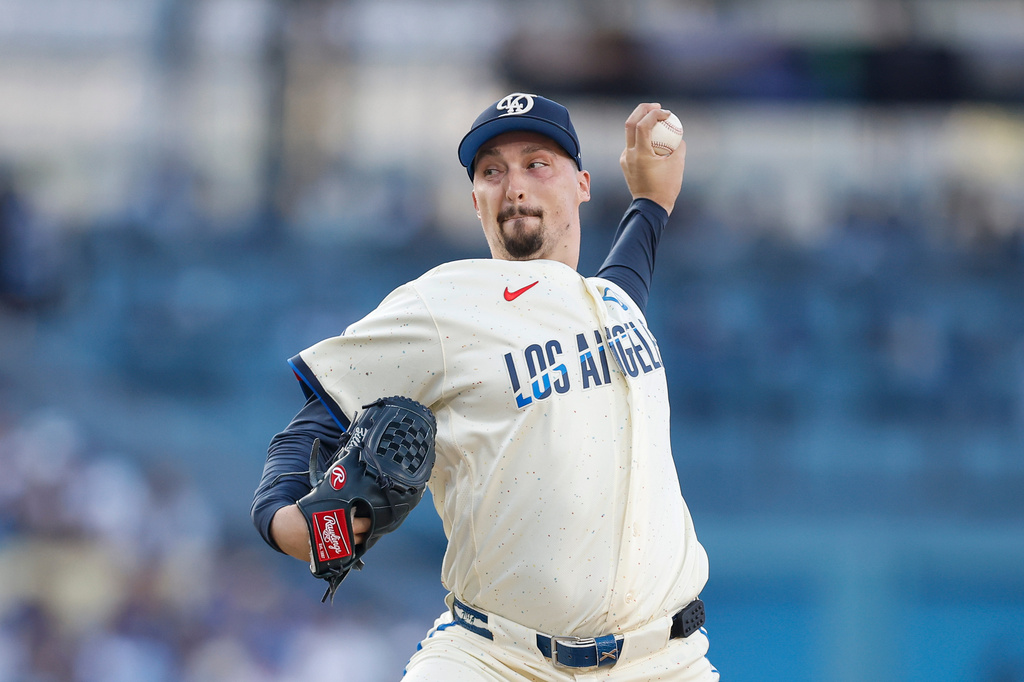 Los Angeles Dodgers starting pitcher Blake Snell pitches during the second inning of a baseball game against the Atlanta Braves, Saturday, May 9, 2026, in Los Angeles. (AP Photo/Caroline Brehman)