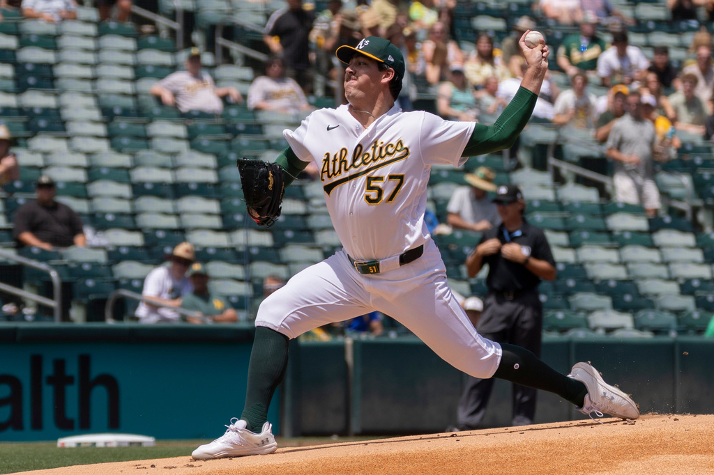 Athletics pitcher Jacob Lopez throws to the Washington Nationals during the first inning of a baseball game Sunday, July 19, 2026, in West Sacramento, Calif. (AP Photo/Sara Nevis)
