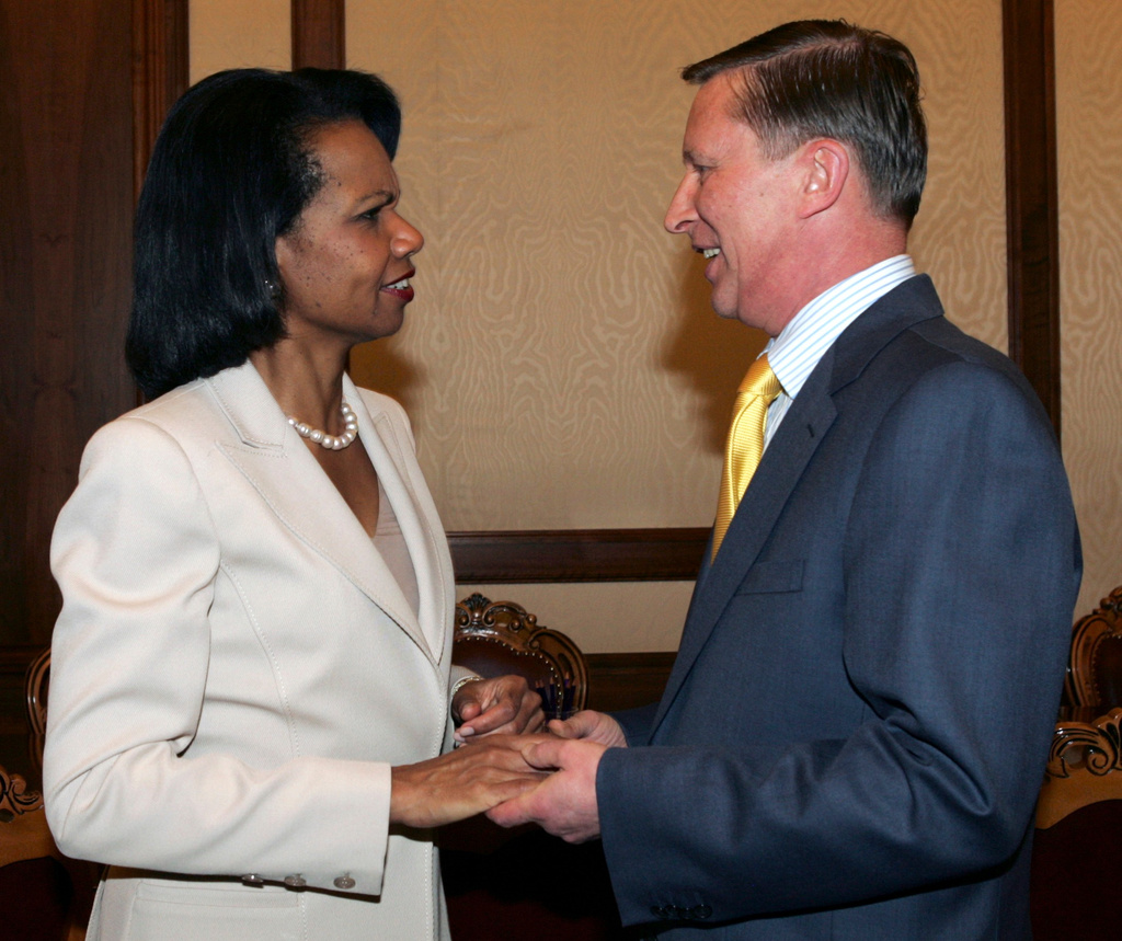 FILE - Russian Defense Minister Sergei Ivanov greets U.S. Secretary of State Condoleezza Rice during their meeting in Moscow, Thursday, June 29, 2006. (AP Photo, File)