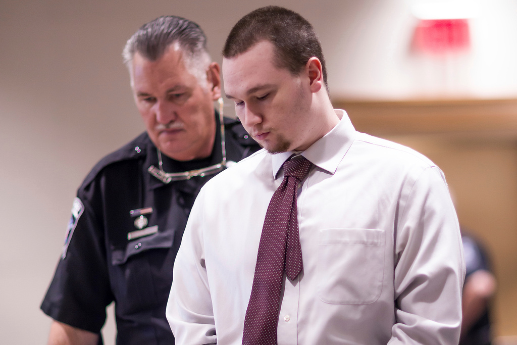 FILE - Eric Sweeney, accused of killing his sister-in-law and two young nephews when he was 16, enters court on Friday, Aug. 15, 2025 at Merrimack County Superior Court in Concord, N.H. (Geoff Forester/ Concord Monitor via AP, Pool, File)