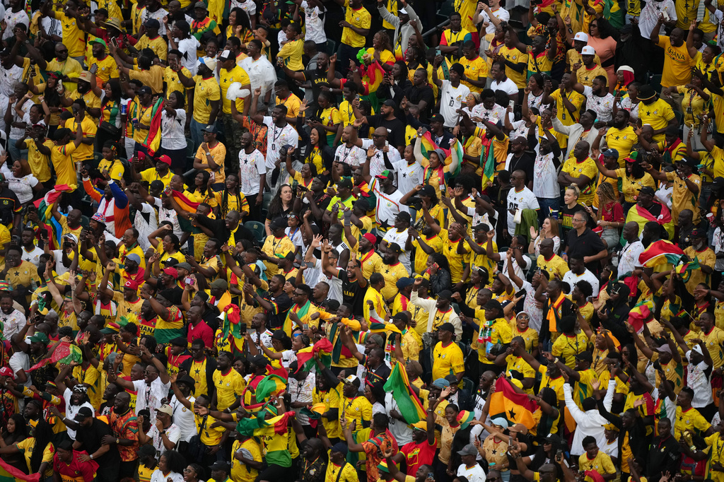 Ghana supporters cheer after their first goal during the World Cup Group L soccer match between Croatia and Ghana in Philadelphia, Saturday, June 27, 2026. (AP Photo/Matt Rourke)