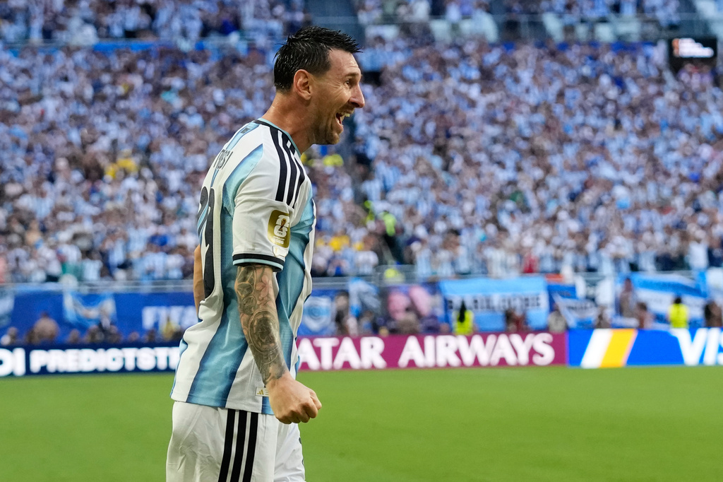 Argentina's Lionel Messi celebrates after scoring the opening goal against Cape Verde during the World Cup round of 32 soccer match in Miami Gardens, Fla., Friday, July 3, 2026. (AP Photo/Lynne Sladky)
