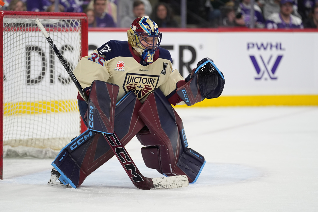 Montréal Victoire goaltender Ann-Renée Desbiens watches play during the third period of game 3 of a PWHL hockey semifinals game against the Minnesota Frost Thursday, May 7, 2026, in St. Paul, Minn. (AP Photo/Abbie Parr)