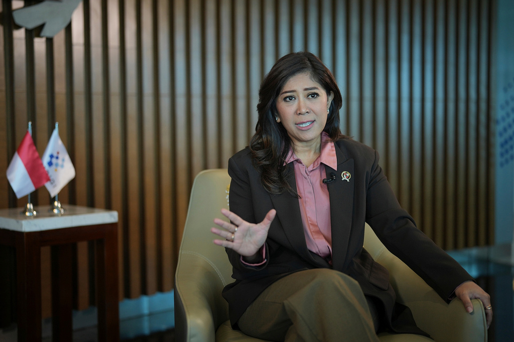 Indonesia's Communication and Digital Affairs Minister Meutya Hafid gestures during an interview with The Associated Press in Jakarta, Indonesia, Wednesday, April 29, 2026. (AP Photo/Achmad Ibrahim)