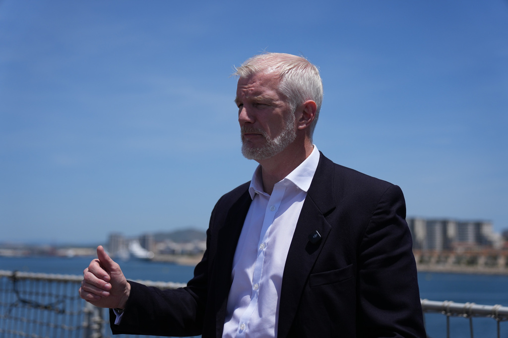 Britain's Armed Forces Minister Al Carns speaks during an interview on RFA Lyme Bay, in British Overseas Territory of Gibraltar, on Friday, May 22, 2026. (AP Photo/Kwiyeon Ha) CORRECTION: Location corrected to British Overseas Territory of Gibraltar, instead of territory of Gibraltar