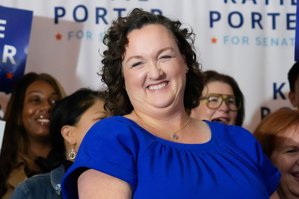 FILE - U.S. Rep. Katie Porter, D-Calif., smiles as she prepares to address supporters at an election night party, March 5, 2024, in Long Beach, Calif. (AP Photo/Damian Dovarganes, File)