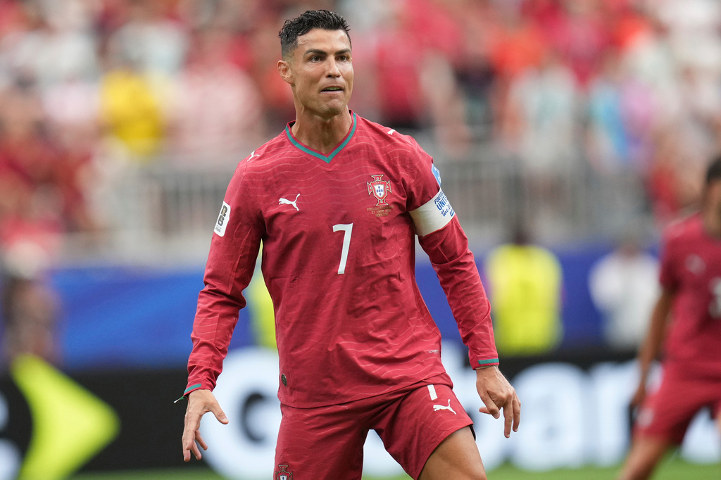 Portugal's Cristiano Ronaldo (7) reacts during the World Cup Group K soccer match between Portugal and Uzbekistan in Houston, Tuesday, June 23, 2026. (AP Photo/Eric Gay)