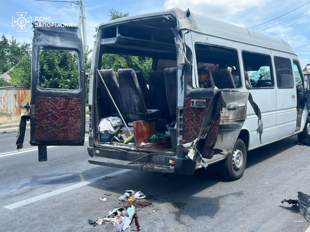 In this photo provided by the Ukrainian Emergency Services on Monday, June 29, 2026, a passengers minivan is seen damaged after a Russian drone strike in Dnipropetrovsk region, Ukraine. (Ukrainian Emergency Service via AP)