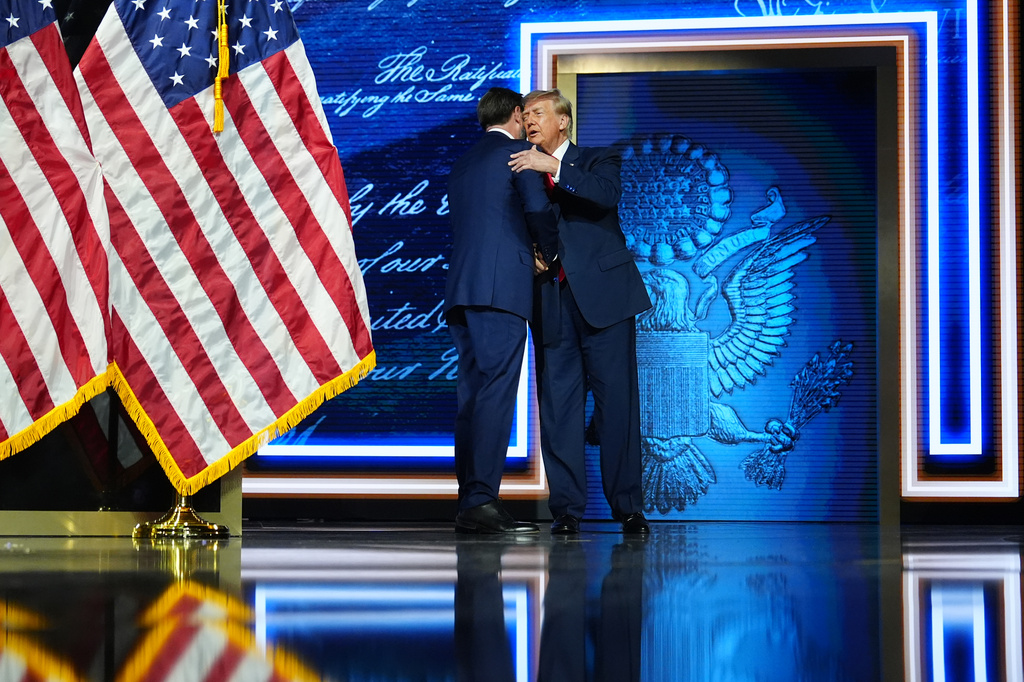 Vice President JD Vance greets President Donald Trump as he arrives at the Republican convention, Thursday, Sept. 10, 2026, in Dallas. (AP Photo/Julia Demaree Nikhinson)