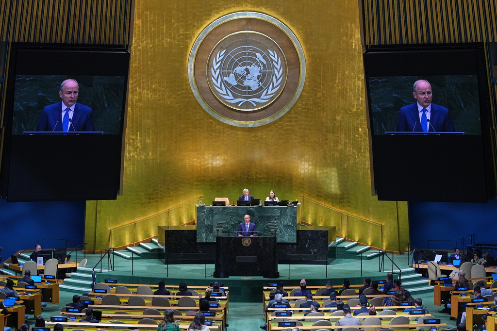Ireland's Prime Minister Micheal Martin addresses the 81st session of the United Nations General Assembly at U.N. headquarters Thursday, Sept. 24, 2026. (AP Photo/Frank Franklin II)