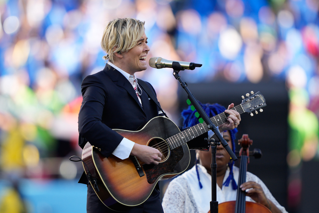 Brandi Carlile performs "America the Beautiful" before the NFL Super Bowl 60 football game between the New England Patriots and the Seattle Seahawks, Sunday, Feb. 8, 2026, in Santa Clara, Calif. (AP Photo/Doug Benc)