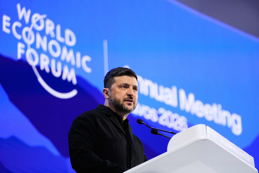 Ukraine's President Volodymyr Zelenskyy delivers a speech at the Annual Meeting of the World Economic Forum in Davos, Switzerland, Thursday, Jan. 22, 2026. (AP Photo/Markus Schreiber)