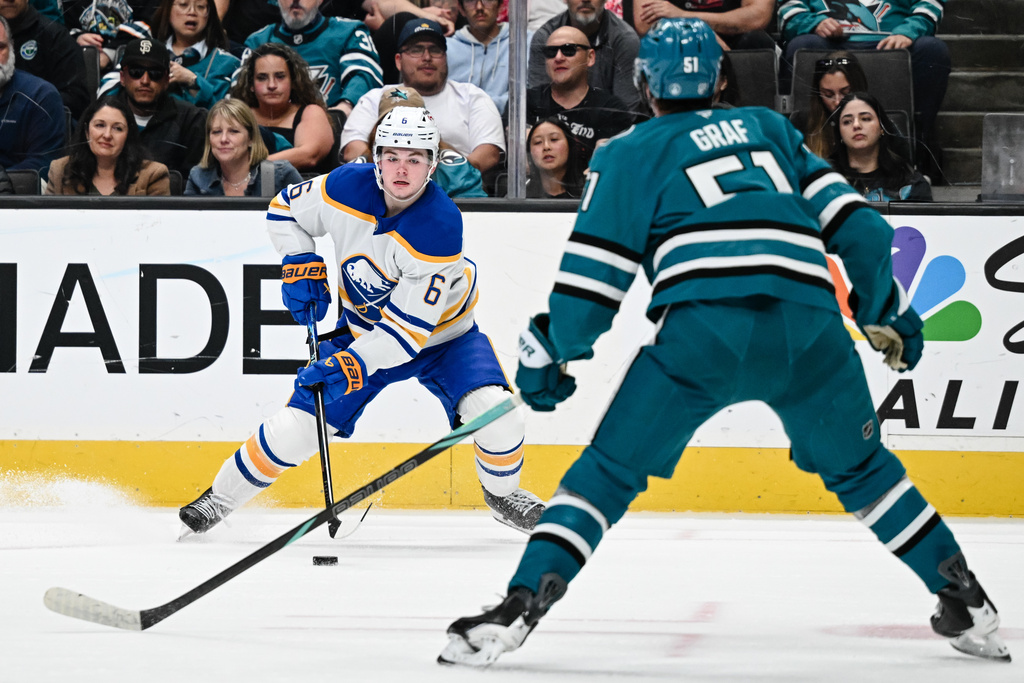 Buffalo Sabres left wing Zach Benson (6) looks to pass againt San Jose Sharks right wing Collin Graf (51) during the second period of an NHL hockey game Thursday, March 19, 2026, in San Jose, Calif. (AP Photo/Thien-An Truong)
