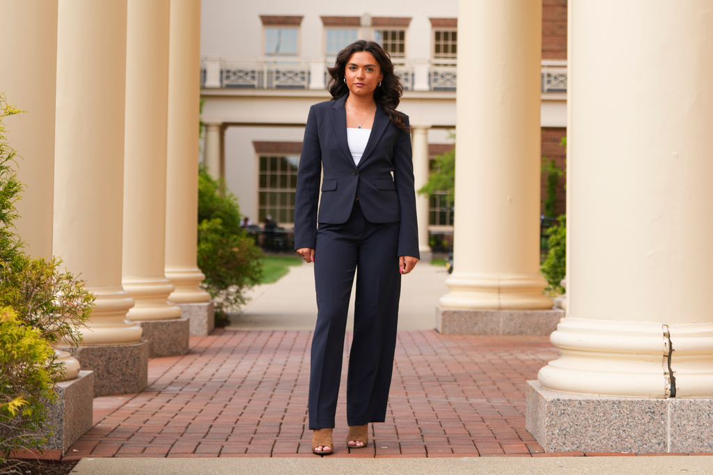 Josephine Timperman, a student at Miami University, poses for a portrait Friday, April 24, 2026, in Oxford, Ohio. (AP Photo/Jeff Dean)