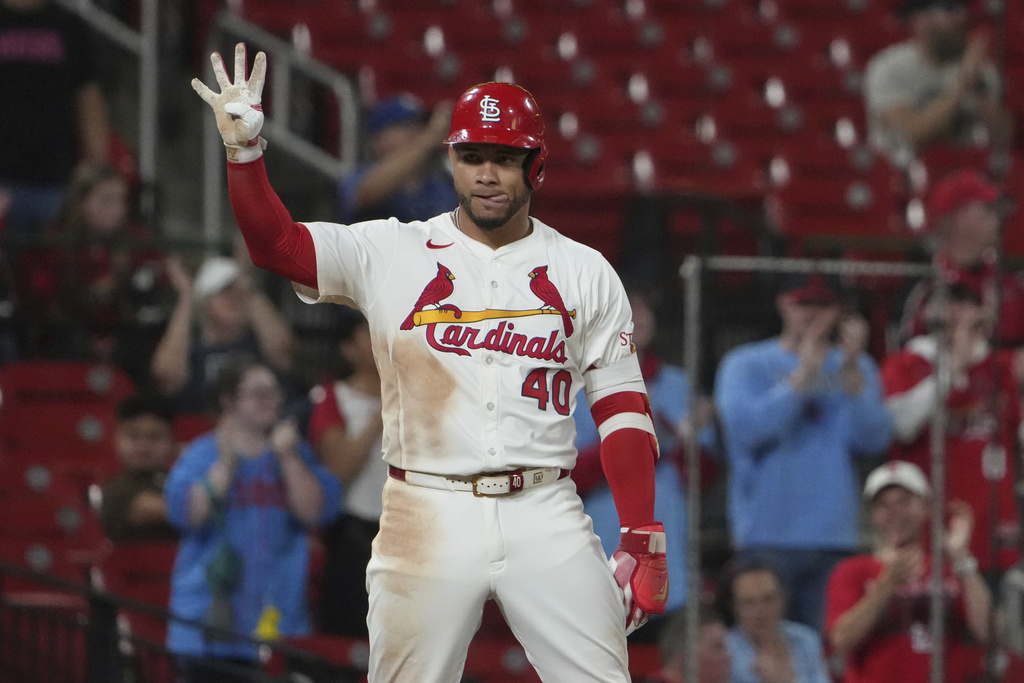 St. Louis Cardinals' Willson Contreras celebrates after hitting a two-run triple during the eighth inning of a baseball game against the Athletics Wednesday, Sept. 3, 2025, in St. Louis. (AP Photo/Jeff Roberson)